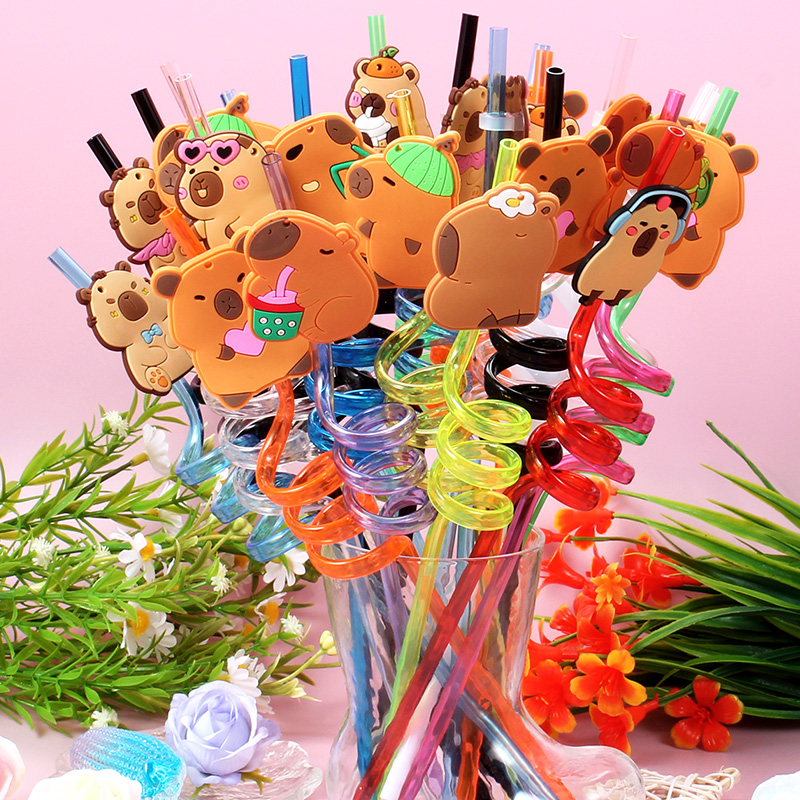 Reusable Straw - 12 Stück wiederverwendbare Spiralstrohhalme mit Cartoon-Capybara,