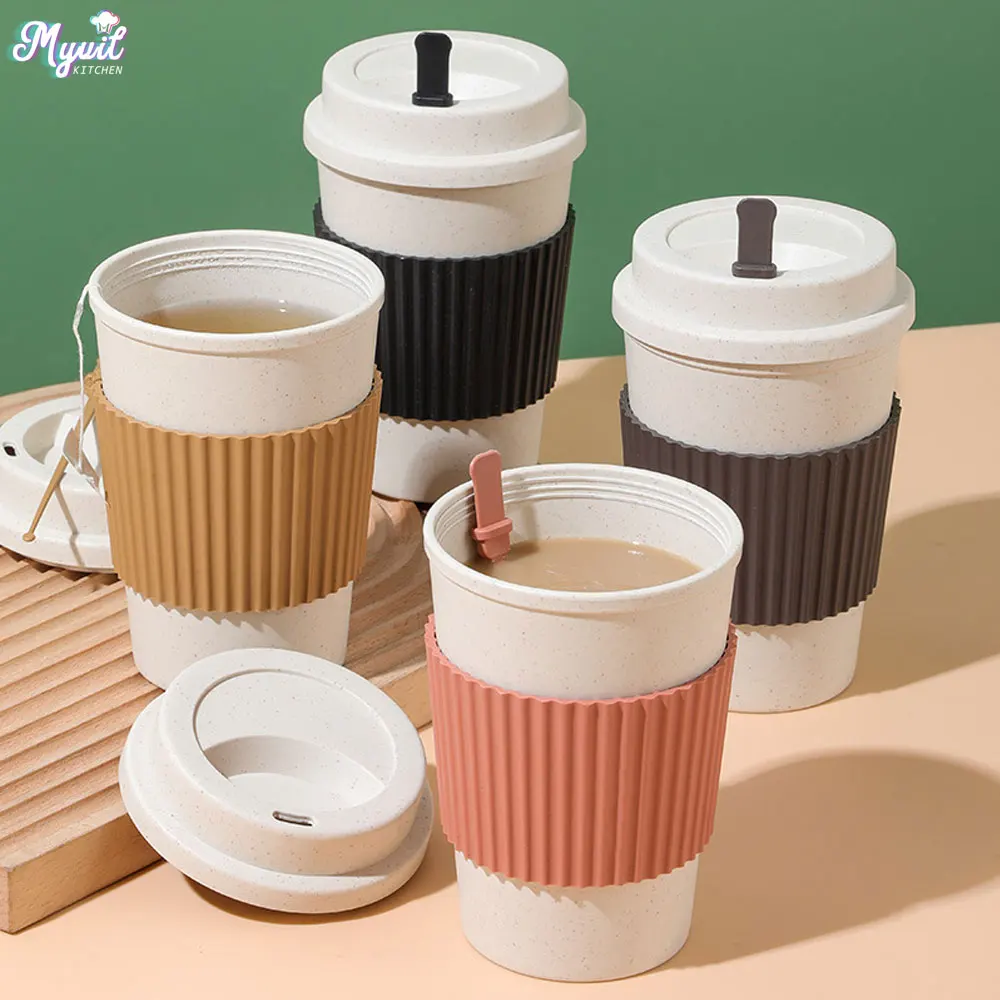 Reusable Straw - 450 ml Kaffeetassen mit Deckel Weizenstroh